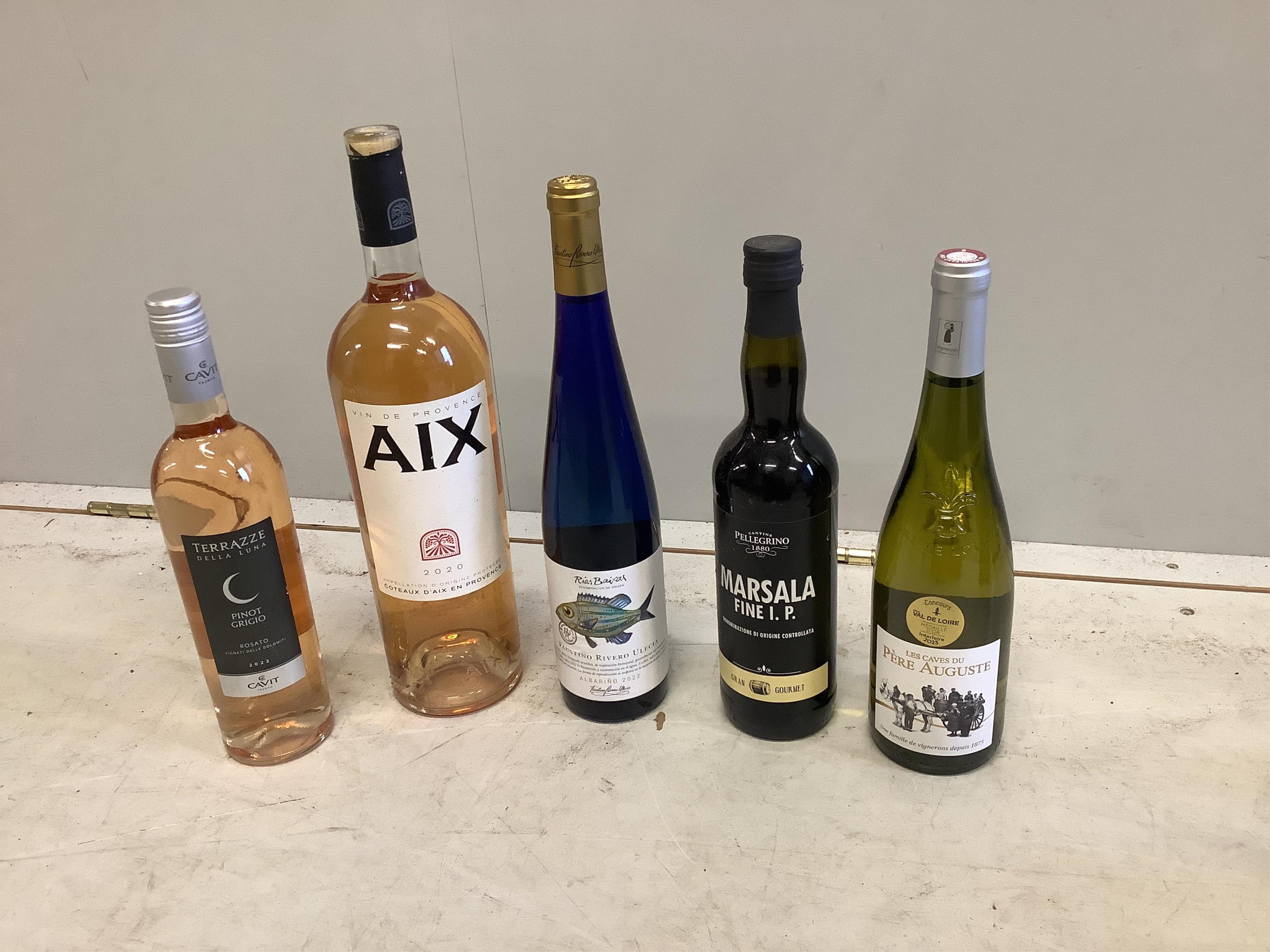 Four bottles of Paikea Gisborne Chardonnay, three bottles of Pere Auguste Val De Loire, a bottle of Pellegrino Marsala Fine I P and six assorted bottles of white and Rose wine (14). Condition - good, surplus stock from a